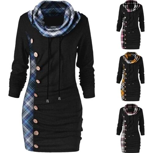 Gothic Plaid Stitching Sweatshirt Women Winter New Warm Button Turtleneck Long Hoodies Fashion Korean 2021 Patchwork Pullover