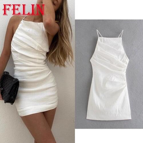 High Fashion Women Sunmmer White Linen Pleated Dress Za 2021 Casual Mini Backless Dress Female Elegant Y2K Mujer Vestidos