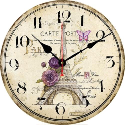 14 Inch Paris Wall Clock, Vintage/country/french Tower Round Wooden Clock, Family Decoration Round Painted Paris Tower Clock