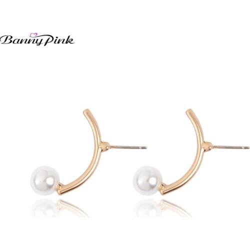 Banny Pink Brief Alloy Curved Bar Studs Earrings For Women New Korea Imitation Pearl Prevent Allergy Post Earrings Brinco Bijoux