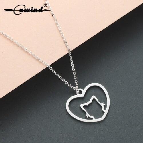 Cxwind Women Animal Cat Pet Pendant Necklaces Personalization Stainless Steel Love Heart Necklace Chain Choker Glamour Jewelry