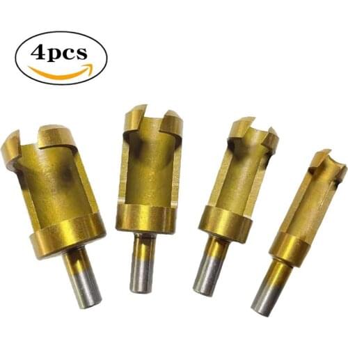Wooden Plug Drill Barrel Small round Shank 4PCs Titanium Plated Woodworking Hole Saw Flashlight Reaming Drill Bit Carbon Steel