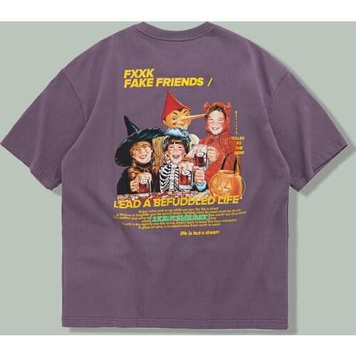 Print Halloween Short Sleeve Cotton T-shirt Men Harajuku Streetwear Couple Loose Casual Wear Hip-hop Cartoon Oversize Tshirt Top