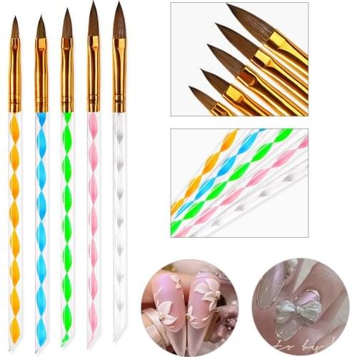 5PCS Nail Art Brush Tools Acrylic Nail Brush with Spiral Glitter Handle Nylon Bristle Nail Painting Dotting Pen For UV Nail Gel
