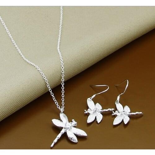 New Arrival Silver 925 Jewelry Sets Simple Insect Dragonfly Necklace Earrings Set Fashion Wedding Party Jewelry