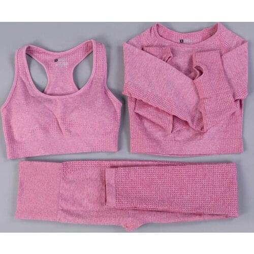 3 PCS Seamless Women Yoga Set Workout Sportswear Gym Clothing Fitness Long Sleeve Crop Top High Waist Leggings Sports Suits