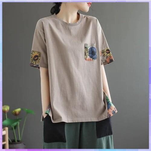 Summer Floral Print t-Shirt Pullover Ladies O-Neck Cotton Tee Shirt Tops Female Womens Short-Sleeved Loose Large Size Shirt Top