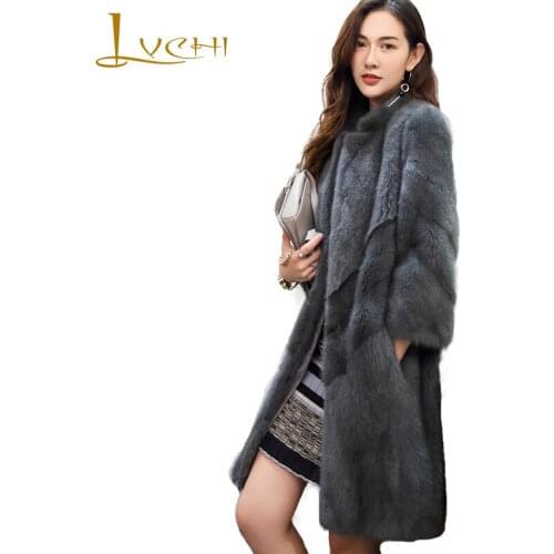 LVCHI Winter 2019 Import Mink Fur Coats Womens Nine Quarter Sleeve Mink Coat Full Pelt Causal Mandarin Collar Slim Mink Coats