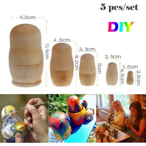 5pcs/set Wooden Russian Nesting Doll Blank Matryoshka Wood Unpainted DIY Handicraft Kids Learning Painting Toys