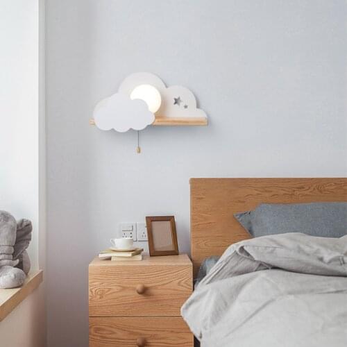 Nordic Style Wall Lamp Bedroom Bedside Lamp Simple Modern Creative Wooden Art with Pull Switch Shelf Reading Decoration Lighting