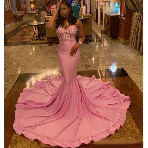 New Arrival Sexy Sparkling Sweetheart Beaded Mermaid Prom Dresses Sexy Sweep Train Black Girls Lace Up Party Dress 2020