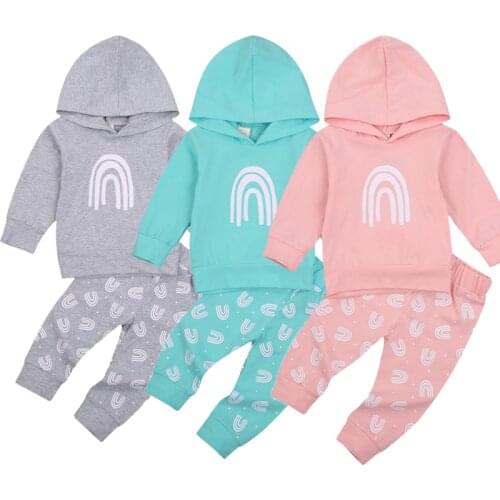 2Pcs Toddler Newborn Baby Girl Autumn Clothing Set Long Sleeve Rainbow Printed Hooded Top Pant Outfit 0-3Years