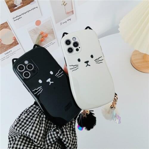 With Pendant 3D Cat Ears Cartoon Animal with Pom Pom Keychain Case for iphone 12 11 Pro Max X XR XS 7 8 plus Cute Soft cover