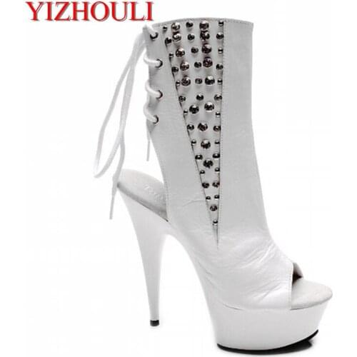 15 cm high heel boots, sexy bandage, rivet decoration boots, club fashion womens ankle boots