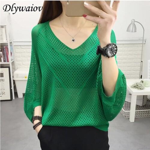 Sexy Women Knitted Pullover Mesh Hollow Sweater Female 2019 Spring Fashion Tops Bat Half Sleeve Solid Casual Loose Shirt Summer