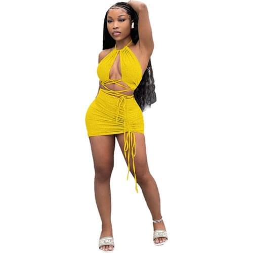 Sexy Ruched Drawstring Two Piece Skirt Set Women Fashion Solid Backless Bandage Crop Top+slim Fit Mini Skirt Clubwear Outfits