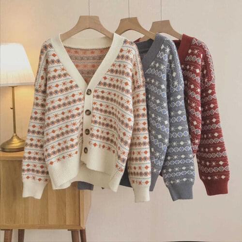 Retro sweater cardigan womens knitted jacket 2021 new Korean version of the V-neck long-sleeved spring and autumn loose top