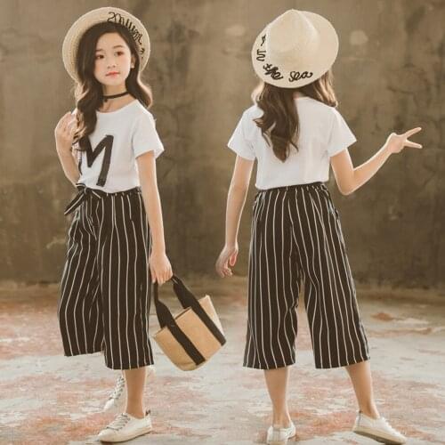 TELOTUNY Childrens clothing (3-13Y)Teen Kids Girls Letter Sequin T-shirt Short Sleeve Tops Stripe Wide leg pants Outfits Set