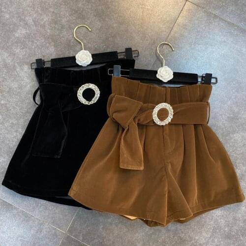 Autumn Winter New Velvet Shorts Women High Waist Shorts bud belted Wide Leg Short