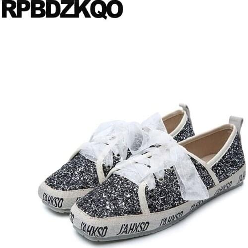 Glitter black 2018 comfortable designer women china flats bling lace up autumn spring sequins single shoes square toe silver