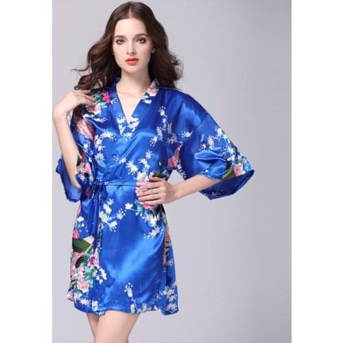 Summer Women Simulation Silk Dressing Gown Peacock In Half Sleeve 12 Colours Pajamas Bathrobe