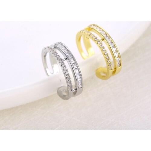 18K Gold Plated Open Ring Double Line Design Hollow Silver Adjusable Ring For Women Shiney Zircon Pave Wedding Jewelry Gift