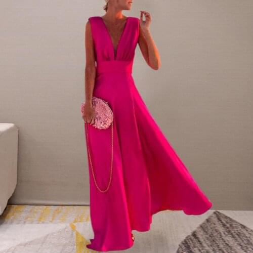 Women Sexy Deep V-Neck Dress Sleeveless Prom Robe Waist Tight Pleated Big Hem Maxi Dresses Party Club Holiday Vestidos