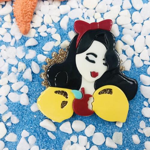 ZiccoWong New Fashion Acrylic Long Black Hair Princess Brooch Pins For Women Girls Cartoon Girl with Apple Pins Badge Lapel