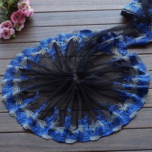 2 Yards Lace Trim Blue Rose Floral Embroidered Black Tulle Lace 8.26 Inches Wide High Quality