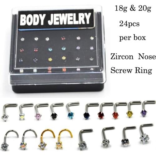 24pcs Box Nose Stud Hoop Ring Jewelry Nose Retainer Bone Stud CZ Crystal L Shape Screw Bend Multi Logos Nose Body Jewelry