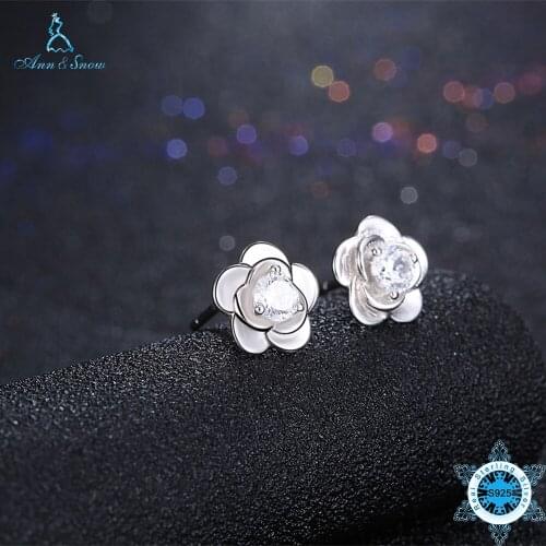 Ann&Snow Original 925 Sterling Silver Sparkling Clear Zirconia Stone CZ Flower Stud Earrings for Women Jewelry