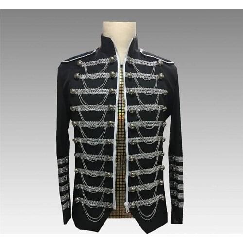 Black Blazer for Singer with Silver Chains Punk Band Stage Performance Costume Male Casual Suit Rock&roll Jacket