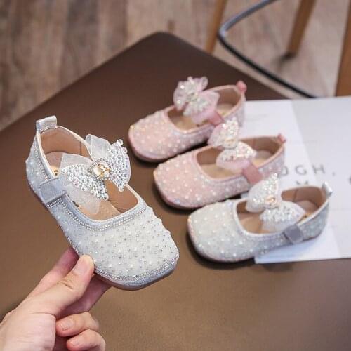 CAPSELLA KIDS Leather Shoes Girls Princess Shoes New Spring Autumn Childrens Beading Shoes Bow Pearl Rhinestone Single Shoes