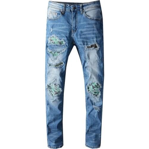 Mens Crystal Patchwork Pleated Biker Jeans Slim skinny Ripped Denim Pants Blue Trousers