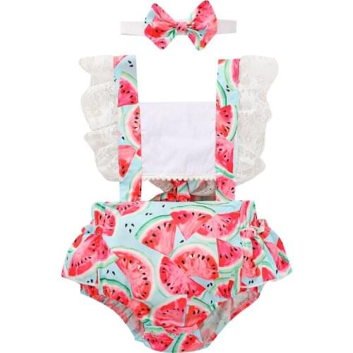 Girls' Watermelon Printed 2Pcs Romper Set, Ruffled Lace Sleeve Square Neck Hollowed Bodysuit with Headband