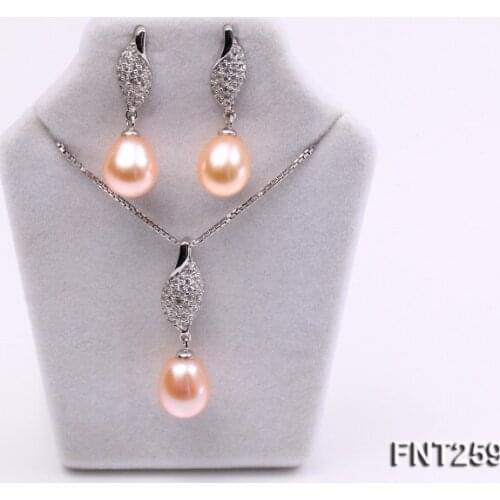 Perfect Pink Pearl Jewellery Set,AA 9X11MM Natural Freshwater Pearl Necklace Earrings 925 Silver Chain Charming Women Gift