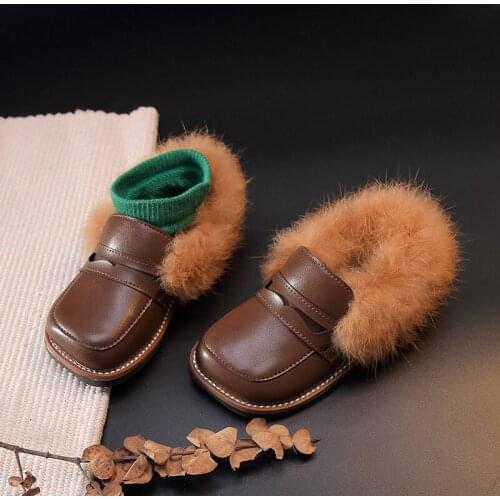 Square Head Kids Loafers Rabbit Hair Children Shoes New Boys Girls Leather Shoes Baby Fur Shoes Slip on Warm Winter Plush Shoes