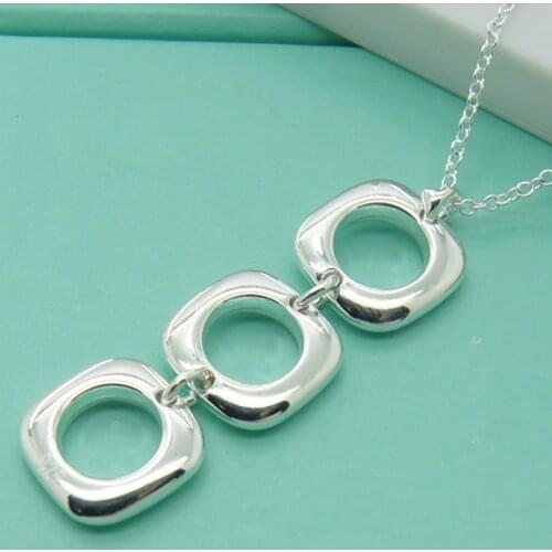 Fashion Jewelry 925 Sterling Silver Necklace Three Square Circle Pendant Necklace Silver Chain Woman Wedding Wedding Gift