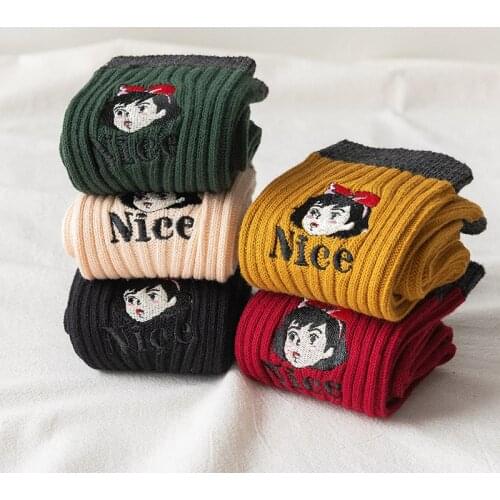 The New Women Cotton Color Stripes Socks High Quality Personality Girl Character Embroidery Female Middle Tube Student Socks