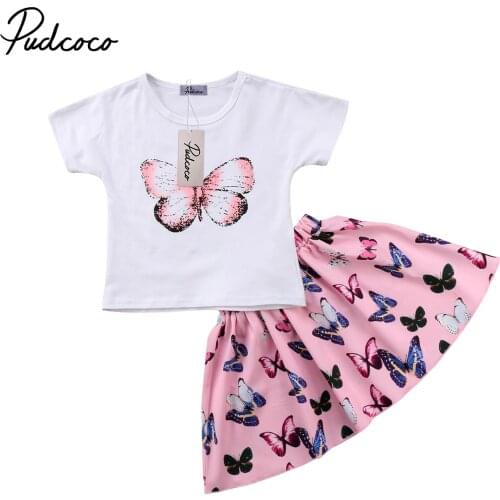 2018 Brand New Toddler Infant Child Kids Baby Girls T-shirt Top Skirts 2pcs Set Butterfly Outfits Short Sleeve Clothes 1-6T