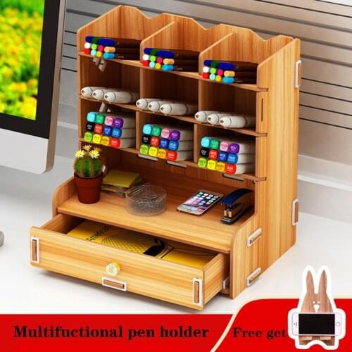 New Desk Organizer Wooden Pen Holder Walnut Colour Multi - layer Design With Drawer Desktop Stationary Assembly Office Storage