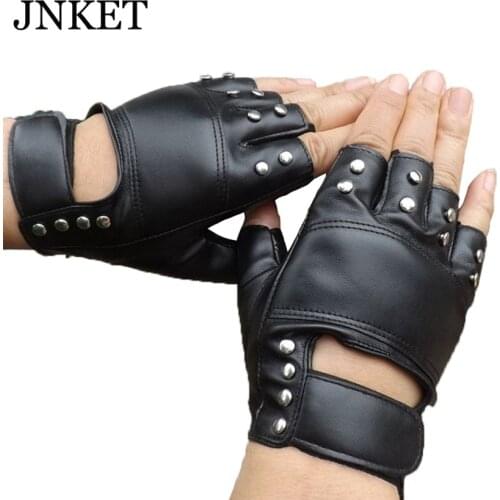JNKET Punk Rivets PU Leather Women‘s Fingerless Gloves Singing Dance Performance Gloves Outdoor Cycling Gloves