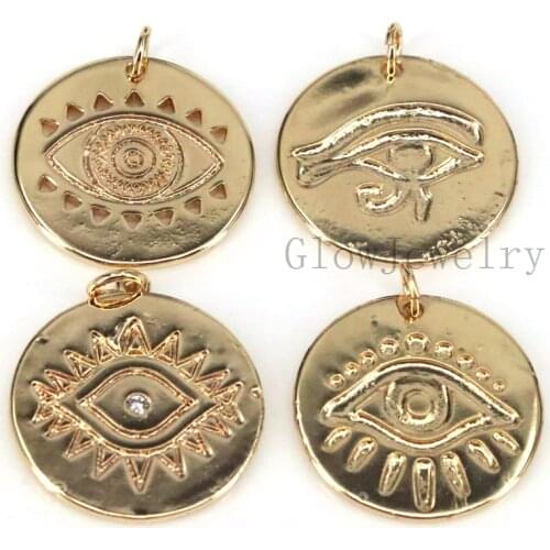 10Pcs , Gold Plated Eye On Round Coin Shape Pendant, Turkish Eye Medallion Good Luck Charm, Necklace Bracelet Pendant