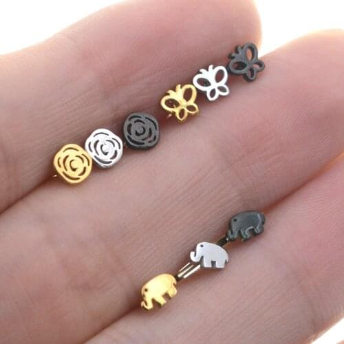 2Pcs 20G Rod Gold Color Cute Rose Butterfly Elephant Earrings Cartilage Piercing Stud Helix Conch Piercing Tragus Ear Jewelry