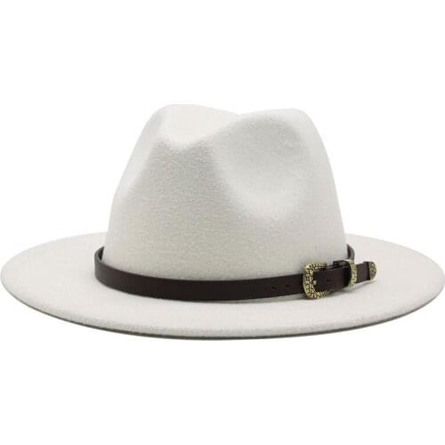 56-60CM Men Women Wide Brim Wool Felt Fedora Panama Hat with Belt Buckle Jazz Trilby Cap Party Formal Top Hat In Pink white
