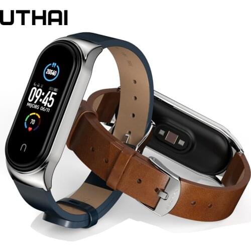 Crazy horse PU microfiber leather for mi band 5 6 Metal case bracelet universal mi band 4 3 strap UTHAI P87