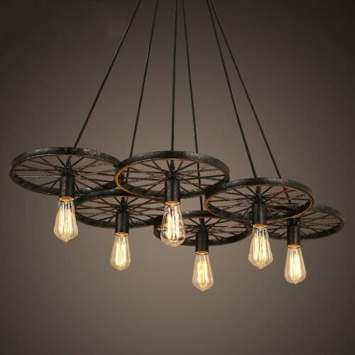 Vintage Loft Crative Pendant Light With LED Bulbs For Restaurant Bar American Country Style Iron The Wheels Shape Lamps