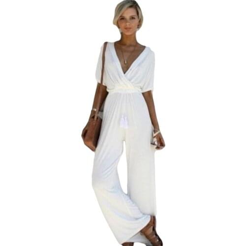 Womens Casual Deep V-neck Jumpsuits Bodycon Short Sleeve Jumpsuit Romper Trousers Overalls Wide Leg Pants