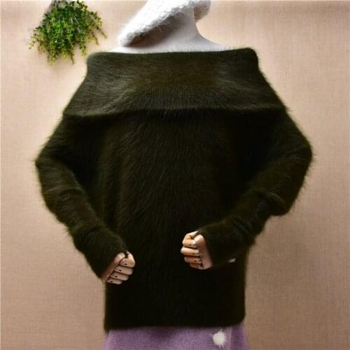 Female women fashion big turtleneck hairy mink cashmere knitted long sleeves loose pullover angora fur slash neck jumper sweater