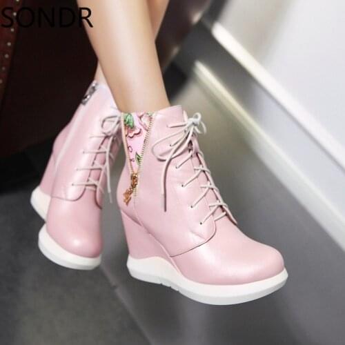 Womens Shoes Floral Printed Wedge High Heel Platform Ankle Boots PU Leather Casual Sneakers Side Zip 3Colors Korean Style New